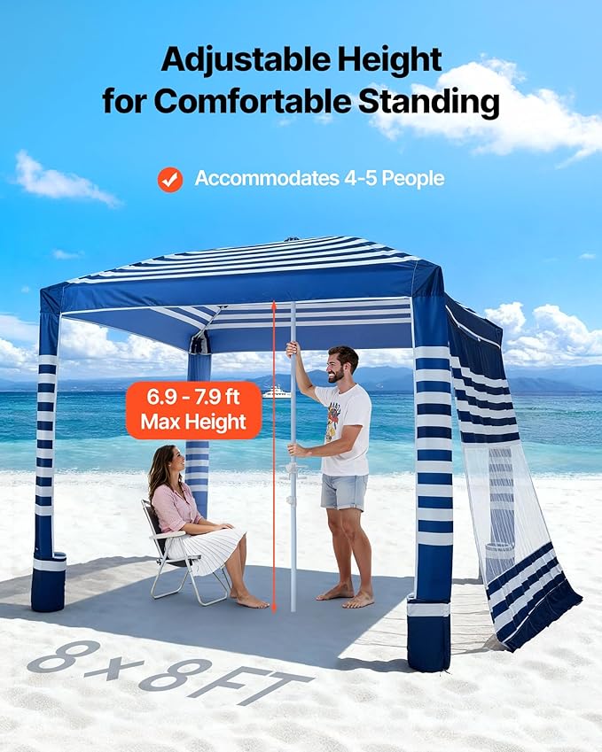 VEVOR Beach Cabana 8 x 8 ft Beach Canopy with Side Wall UPF 50+ Protection Easy Setup Cabana Tent with Sand Pockets Adjustable Height Portable Shade Sun Shelter Umbrella for Family Navy Stripes