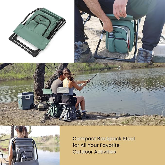 Arrowhead Outdoor Multi-Function 3-in-1 Compact Camp Chair: Backpack Stool &amp Insulated Cooler w/Bottle Holder &amp Storage Bag External Pockets Backrest Fishing Hiking Heavy-Duty USA-Base