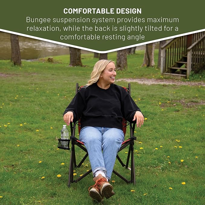 Timber Ridge Bungee Folding Camping Chairs for Adults Heavy Duty Collapsible Padded Chair with Armrests Cup Holder Foldable Outdoor Lounge Chairs for Beach Fishing Lawn Supports 300 lbs Red
