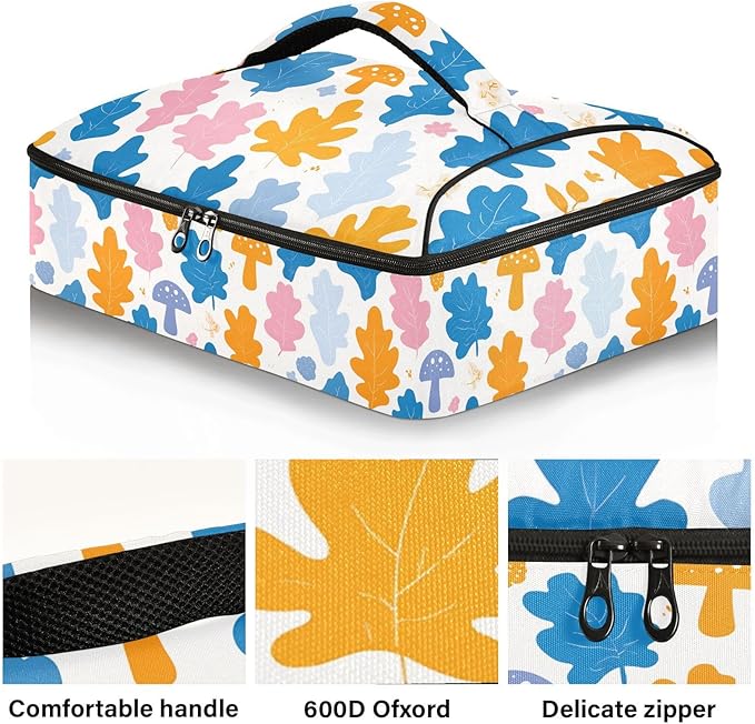 Casserole Carrier Colorful Cartoon Oak LeavesInsulated Casserole Carrier for Hot or Cold Food Thermal Lunch Tote for Potluck Parties Picnic Beach Fits 9 x 13 Inches Baking Dish