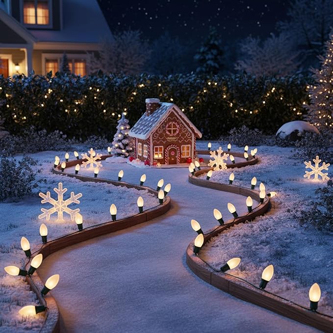 25 FT C9 Frosted Christmas LightsWarm White Outdoor Light with 26 Bulbs(1 Spare) C9/ E17 BaseOld Fashioned Christmas Lights for Roofline Yard Garden Wedding Decorations