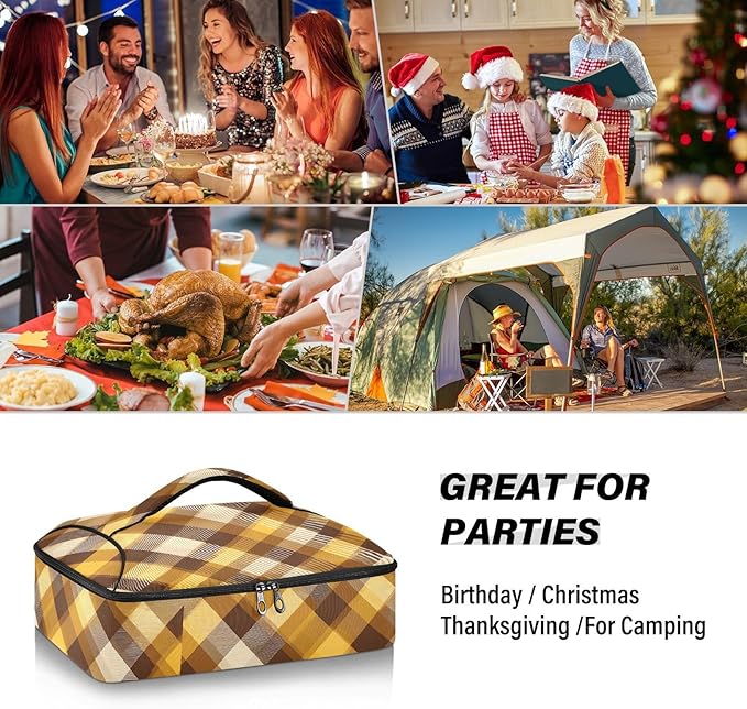 Casserole Carrier Yellow Brown Plaid Insulated Casserole Carrier for Hot or Cold Food Thermal Lunch Tote for Parties Picnic Travel Carry Bag