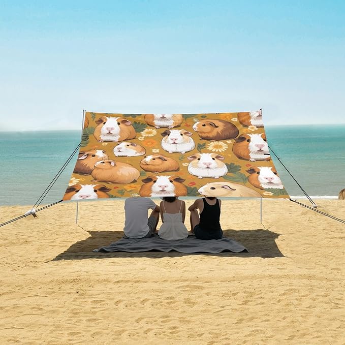 Cute Guinea Pig Beach Tent Sun Shelter 9.2' x 10.5' Beach Canopy with 4 Sandbags 4 Stability Poles Sand Shovels - Tent Canopy for Beach Camping Fishing Picnics