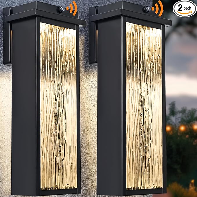 20 Extra Large Dusk to Dawn LED Outdoor Light 2 Packs Black Modern Exterior Lighting Fixtures Outside Porch Lights Wall Mount Mid-Century Wall Lantern with Rippled Glass Patio Sconce Lamp