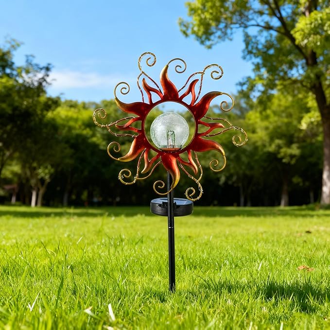 Solar Lights Outdoor Waterproof Red Sun Metal Crackle Glass Stake Decorative for OutsideYardLawnPatioWalkway Mothers'Day Gifts Mom Grandma Garden Lover