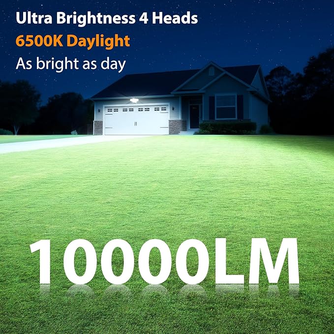 90W Flood Lights Outdoor 10000LM Dusk to Dawn Outdoor Lighting IP65 Waterproof 6500K Daylight 4 Heads LED Security Light for Garage Yard Porch (Black)