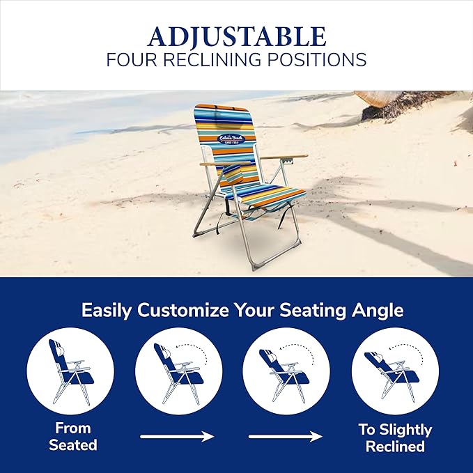 Cabana Beach Folding Beach Chair 4 Position Portable Backpack Foldable Camping Accessories with Headrest Cup Holder and Wooden Armrests Bold Candy Stripe