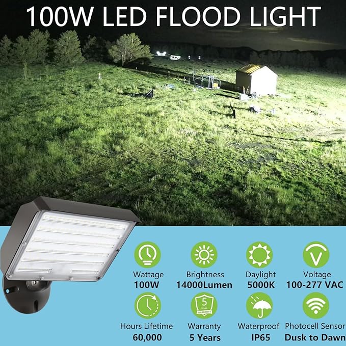 2Pack Dusk to Dawn Outdoor 100W LED Flood Light with Knuckle (Plate Included) 14000LM 1000W Equiv. 100-277V 5000K ETL Commercial Waterproof LED Floodlight Fixture Security Lighting for Parking Lot