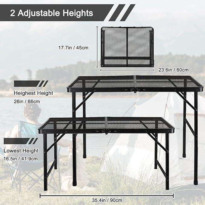 Folding Grill Table Camping Table with Mesh Desktop Lightweight 3 FT Metal Table for Outside Height Adjustable Portable Grill Tables for Camping Picnic Beach and BBQ RV