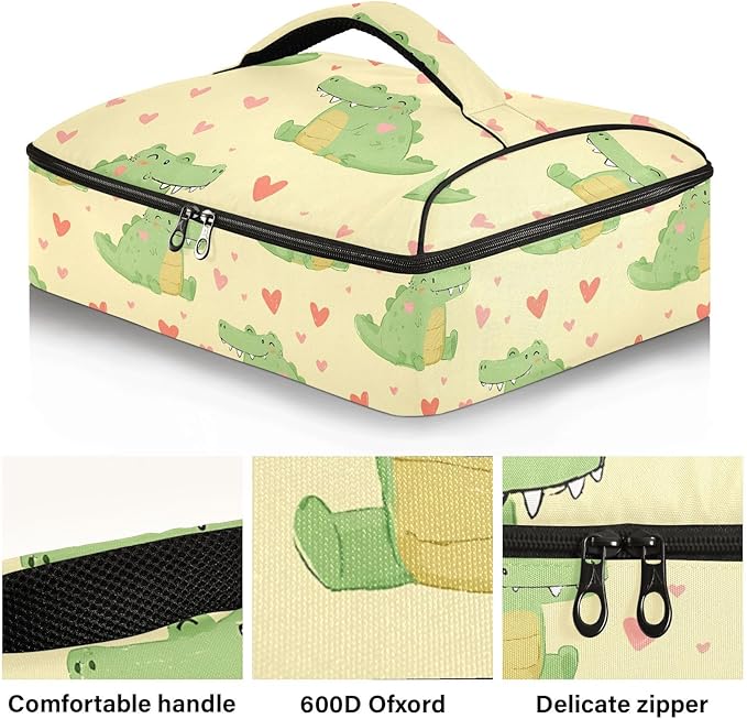 Casserole Carrier Adorable Pattern Cute Crocodiles PrintInsulated Casserole Carrier for Hot or Cold Food Thermal Lunch Tote for Potluck Parties Picnic Beach Fits 9 x 13 Inches Baking Dish