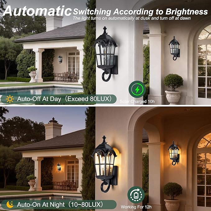 Outdoor Solar Wall Lights with Bulb Waterproof Solar Porch Lights Dusk to Dawn Exterior Light Anti-Rust Exterior Lighting Fixtures Outside Light for House Porch Garage Garden Balcony