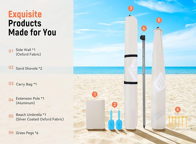 Beach Cabana 6.2'x6' Canopy Fast Set up and Take Down UPF 50+ UV Protection Rainproof Beach Umbrella Shelter with Half Side Wall for Outdoor Patio Backyards Alfresco Eateries Pools Cafes Picnic