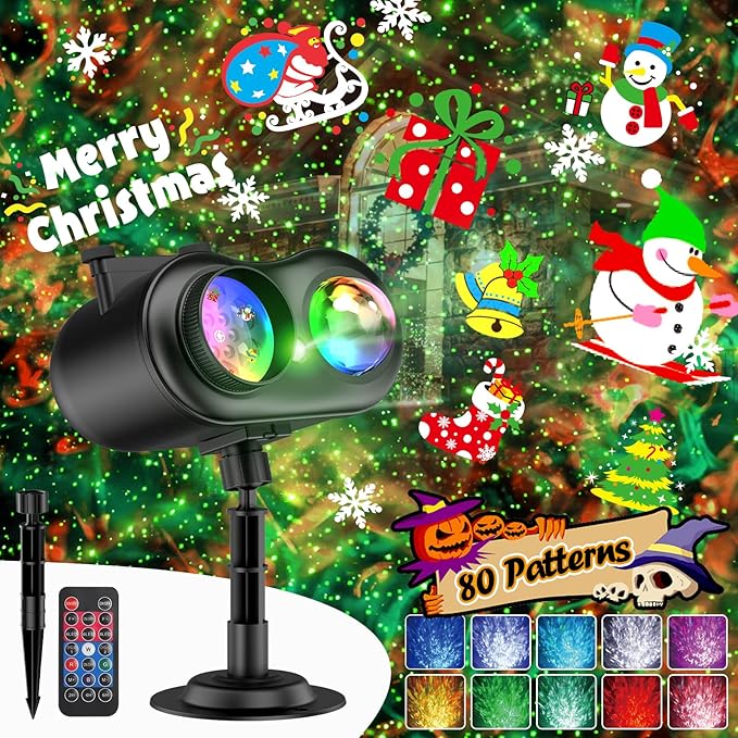 3-in-1 Christmas Projector Lights Outdoor Anysun Brighter 80 HD Patterns Christmas Decor 8-Pattern Ocean Wave Snowflake Starry Lights Show Christmas Projector Waterproof with Timer for House Party