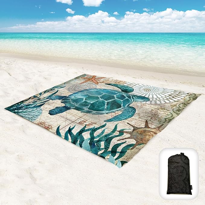 Beach Blanket Waterproof Sandproof Oversized 95”x 80”Sand Free Beach Mat with Corner PocketsPortable Mesh Bag for Beach FestivalPicnicTravel and Outdoor Camping (Seaturtle)