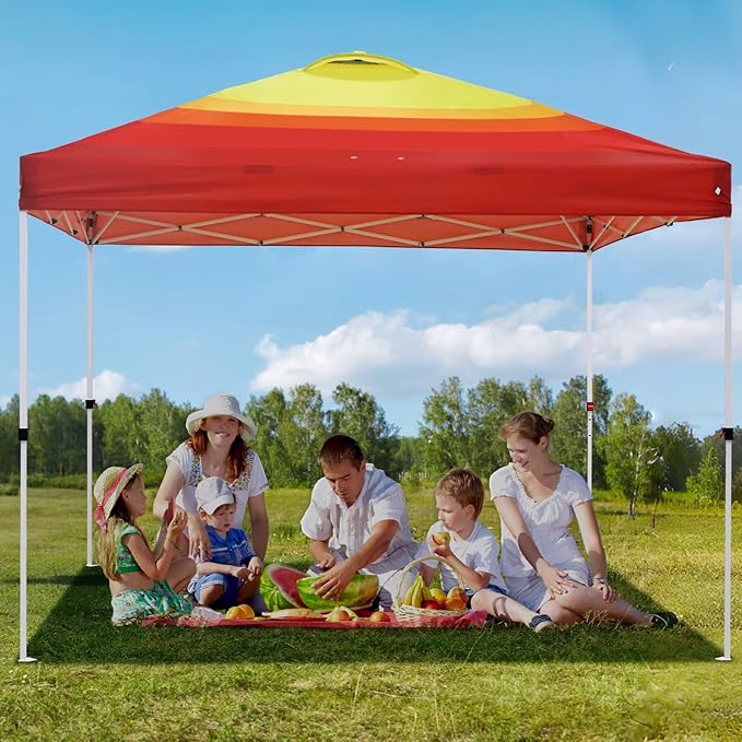 EAGLE PEAK Pop Up Canopy Tent with Wheeled Carry Bag 8 Stakes 4 Ropes 4 Weight Bags Easy Set Up Tent Canopy 10x10 ft 100sqft of Shade Sunset Stripe
