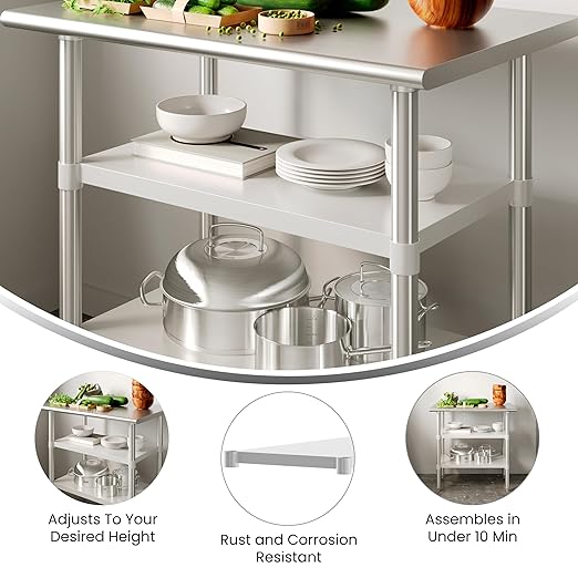 Flash Furniture Woodford Galvanized Under Shelf for Prep and Work Tables - Adjustable Lower Shelf for 24 x 36 Stainless Steel Tables