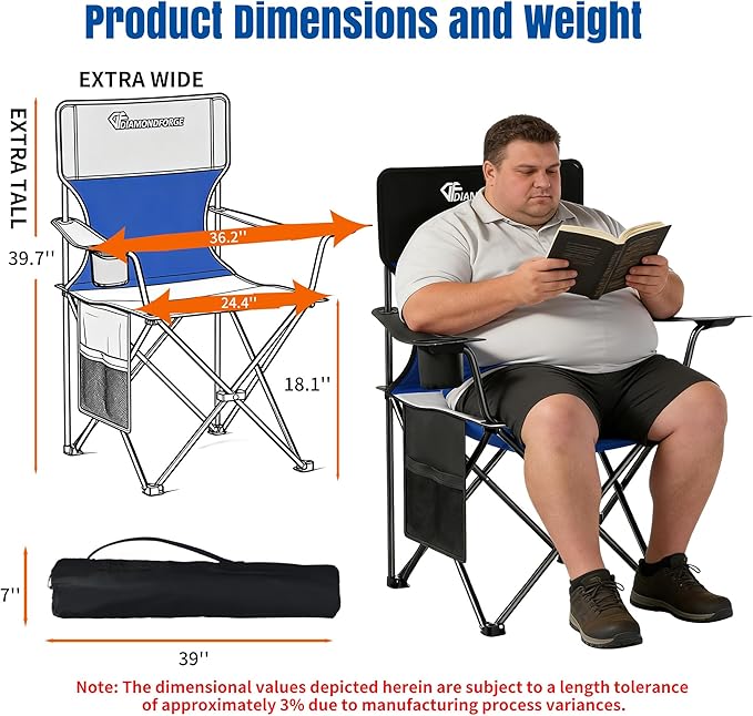 Oversized Folding Camping Chair 500lbs Bearing Capacity Portable Lawn Camping Chair for Adult Outdoor Camping Chair with Wider Cup Holder and Side Pocket for Hiking Fishing Sports