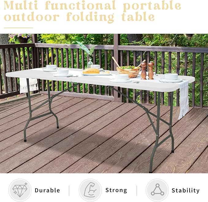 Set of 2 Folding Table 6 FT Lightweight Camping Table Portable Plastic Rectangular Outdoor Dining Table Steel Legs Fold-in-Half with Carrying Handle for IndoorPicnicPartyWeddingEvents(White)