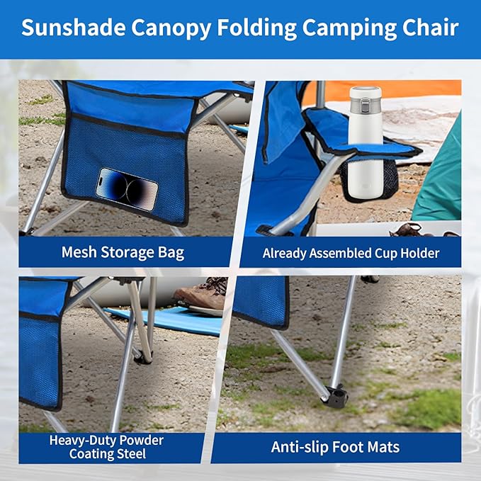 Portable Folding Camping Chair - Lightweight Durable Outdoor Chair for Camping Fishing Beach Lawn and More - Comfortable Folding Chairs for Outside Activities (Blue)
