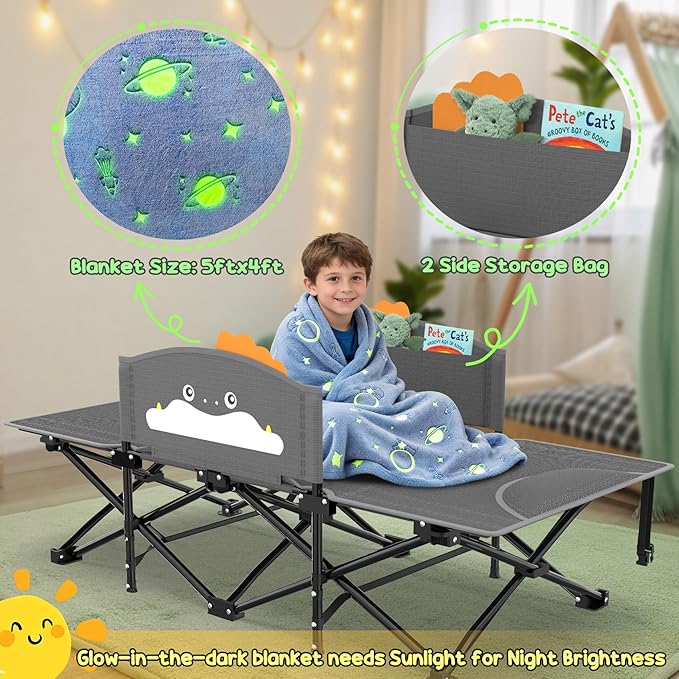 Slendor Toddle Cot Toddler Portable Bed w/Cartoon Handrail Blanket (5ft x 4ft) Folding Toddler Cots for Camping Travel Bed Extra Long Cot Length 56 Support 330 Lbs Gray