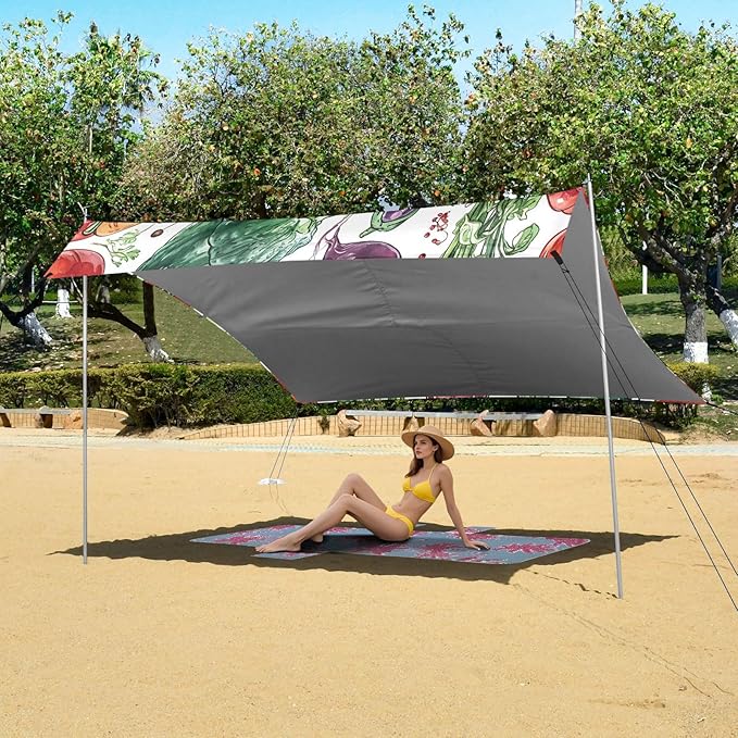 Watercolor Vegetables Beach Tent Sun Shelter 9.2' x 10.5' Beach Canopy with 4 Sandbags 4 Stability Poles Sand Shovels - Tent Canopy for Beach Camping Fishing Picnics