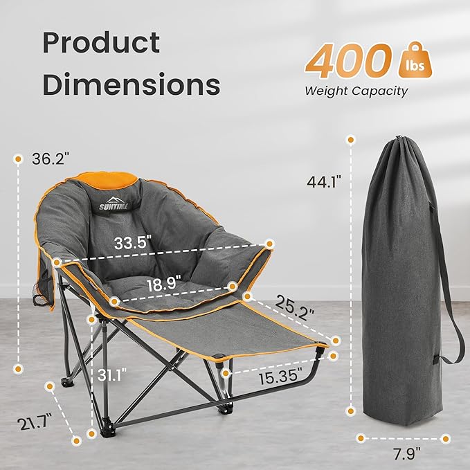 OUTDOOR LIVING SUNTIME Oversized Padded Comfy Camping Chair with Removable FootrestWeight Capacity 400LBS Heavy Duty Moon Round Leisure Folding Chair for Camping Hiking Carry Bag Orange