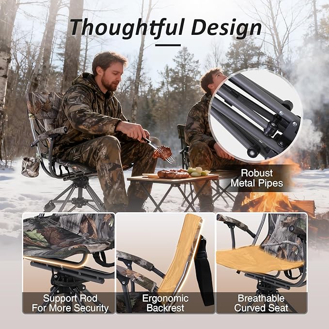 REDCAMP 360° Swivel Hunting Chair with Adjustable Feet for Ground Blinds Portable Folding Camo Camping Chairs for Adults Hunting Seats with Hard Arms for Fishing Camping
