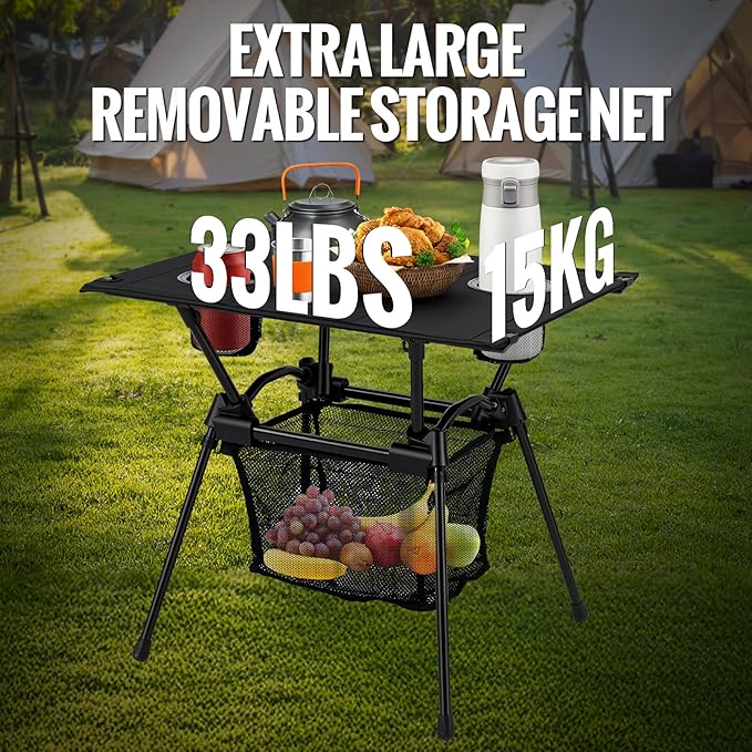 GARLLEN Folding Camping Table Ultralight Compact Beach Table with Fabric Tabletop Portable Folding Picnic Table with Cup Holder &amp Storage Net for Sand Camping Outdoor 23.2“L x 15.7”W