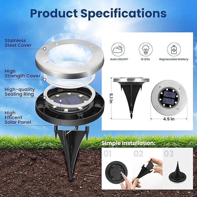 GIGALUMI Solar Ground Lights - No-Drill Fence Lighting Solution Waterproof Perimeter Lights Compatible with Wood Metal &amp Concrete Fences (12 Pack Cool White)