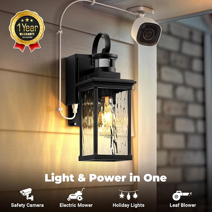 Outdoor Porch Light with GFCI Outlet Black Motion Sensor Exterior Lighting Fixtures Wall Mount for House with Water Ripple Glass Anti-Rust Waterproof Outdoor Wall Sconce Lantern for Garage