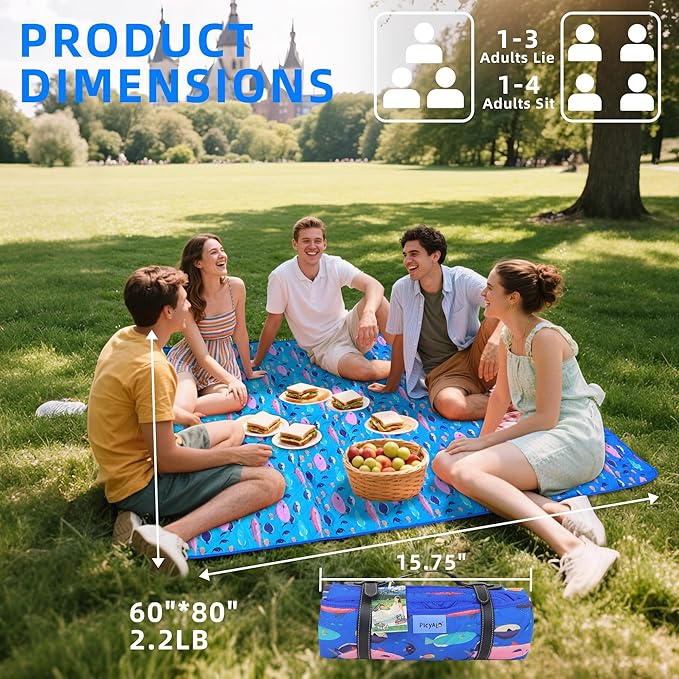 60x80” Double Thickened Picnic Blankets(150g High Density Cotton Stuffed) Blue Fish Pattern Outdoor Picnic Mat Portable Picnic Blanket Foldable with Leather Carry Strap Beach Blanket
