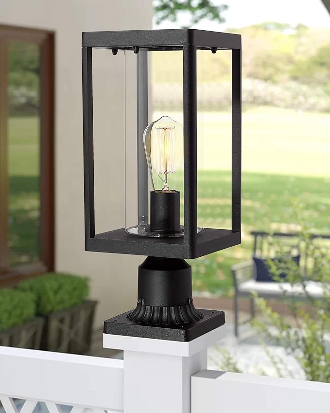 Beionxii Outdoor Post Lantern 20inch Large Modern Lamp Post Light Fixture Exterior Pillar Lights with Pier Mount Base Black Cast Aluminum w/Clear Cylinder Glass - A291P-2PK (NOT Solar 110-120V AC)