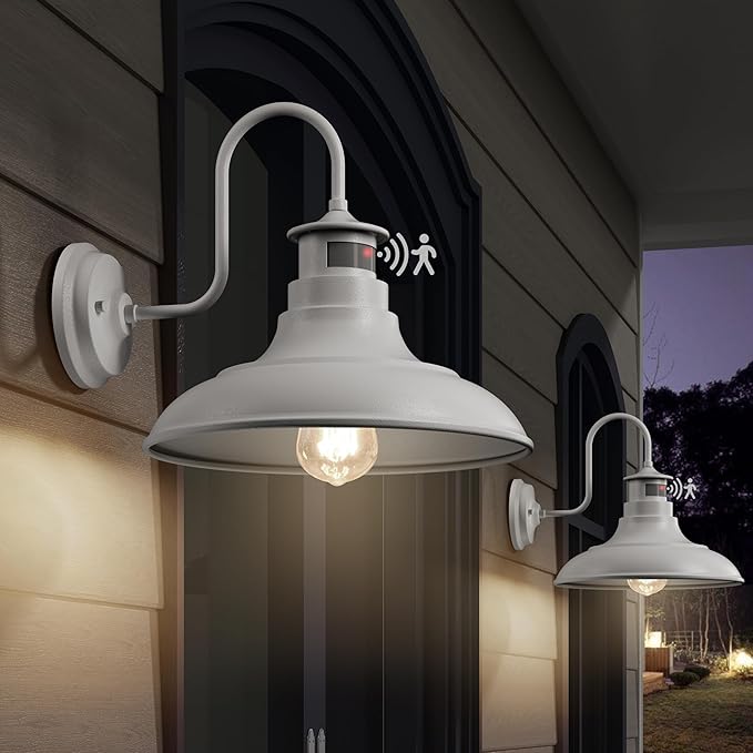 2 Pack Farmhouse Gooseneck Wall Sconce Barn LightsMotion Sensor and Dusk to Dawn Outdoor Wall Mount Lighting Fixtures3 Modes Exterior Porch Light IP65 Waterproof E26 Matte White Wall Lamp for Patio
