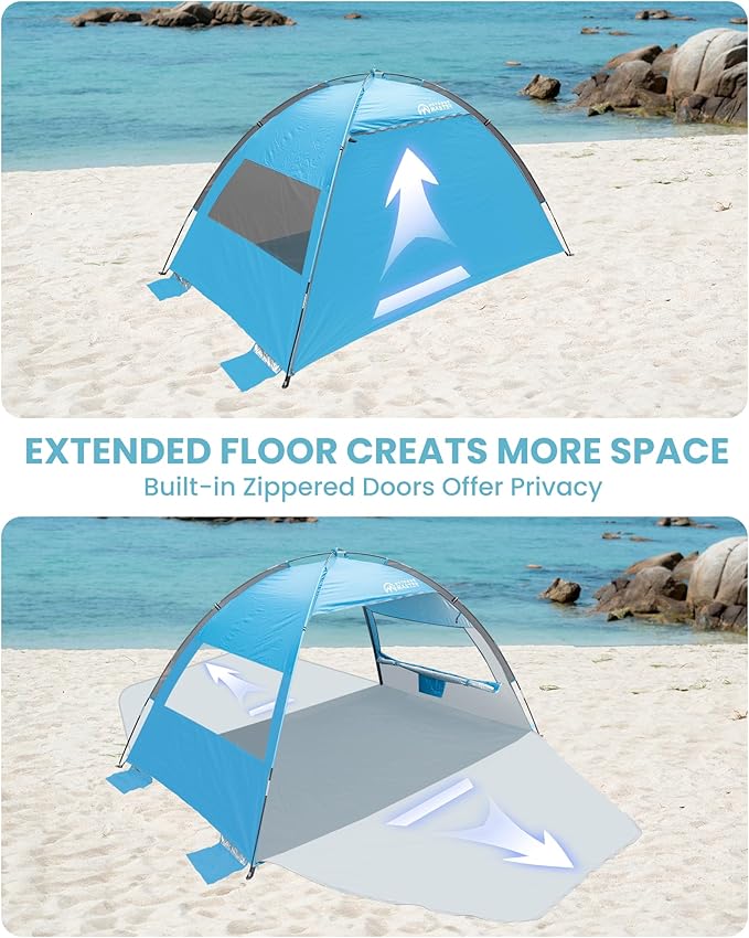 OutdoorMaster Beach Tent Sun Shelter with 2 Ventilated Doors UPF50+ Easy Setup Beach Tent Canopy for 3 Person Lightweight &amp Portable Family Beach Umbrellas for Sand with Carrying Bag - Blue