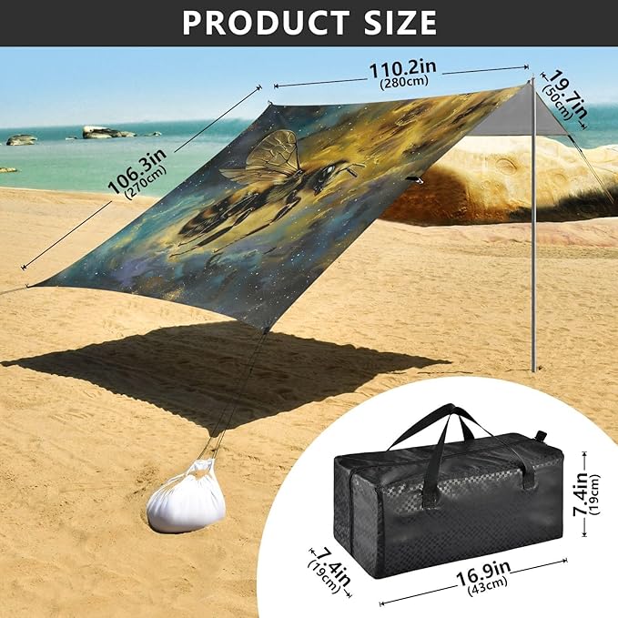 ALAZA Bee Nebula Starry Sky Beach Tent Sun Shelter UPF50+ Protection Beach Shade Canopy w/ 4 Sandbags for Outdoor Camping Fishing Backyard Fun Picnic 10x9 ft
