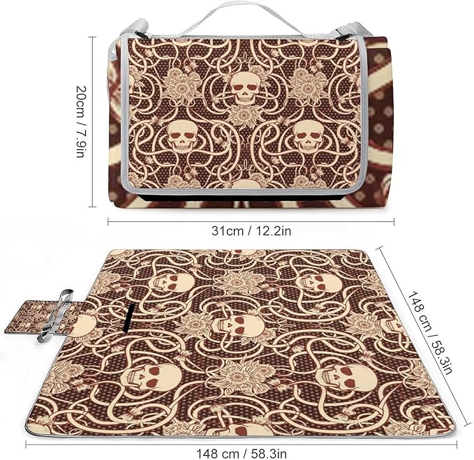 Vintage Halloween Black Victorian Gothic Skull Damask Waterproof Outdoor Picnic Blanket Sandproof Beach Mat for Camping Hiking Grass Travelling