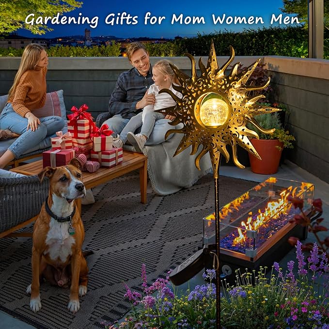 HOMEIMPRO Large Sun Solar Garden Decor Lights Outdoor Garden Gifts Mom Dad Crackle Glass Metal Stake Backyard Decor Waterproof LED Lights for Lawn Patio Ornaments Mothers Day Gifts for Women