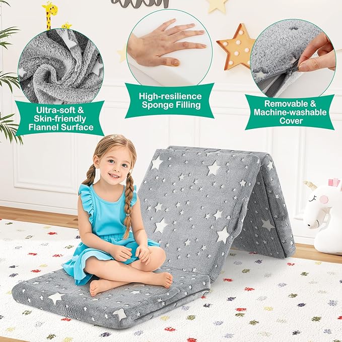 Costzon Foldable Floor Mattress for Kids Glow in The Dark Toddler Floor Nap Mat w/Washable Flannel Cover Tri-Folding Children Floor Bed for Sleeping Daycare Playroom School Kindergarten or Nursery