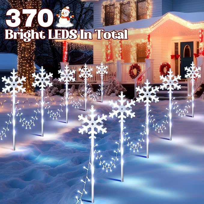 10 Pcs Christmas Snowflake Pathway Stake Lights for Outdoor Yard 370 Bright LEDs Waterproof Large Christmas Snowflake Light Decoration for Garden Lawn Driveway Walkway Decor(Cool White)