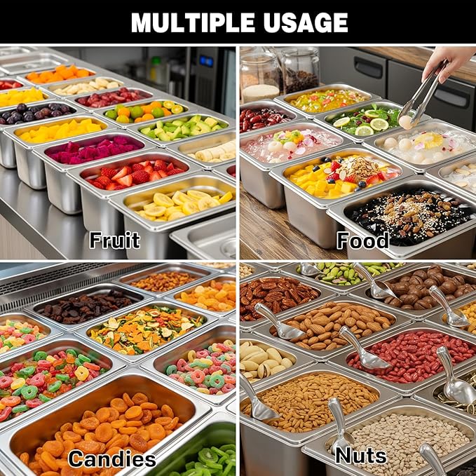 West Bay 6 Pack 1/9 Size Hotel Pan with Lids 4'' Deep Steam Table Pan with Lid 5.3'L x 2.7''W Stainless Steel Pans for Home Party Hotel Buffet