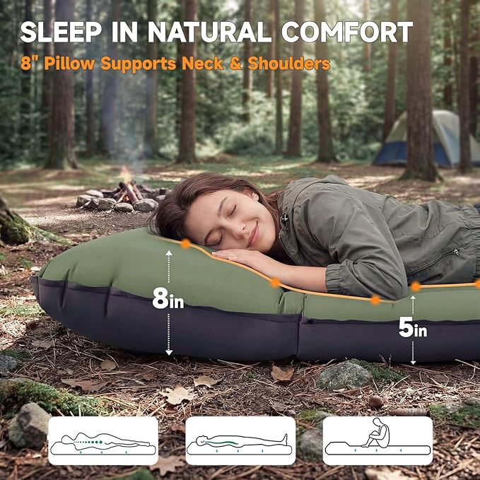 Camping Sleeping Pad 5 Ultralight Inflatable Sleeping Mat with Pillow Built-in Foot Pump Inflatable Sleeping Pads Compact for Camping Backpacking Hiking Traveling Tent (Green)
