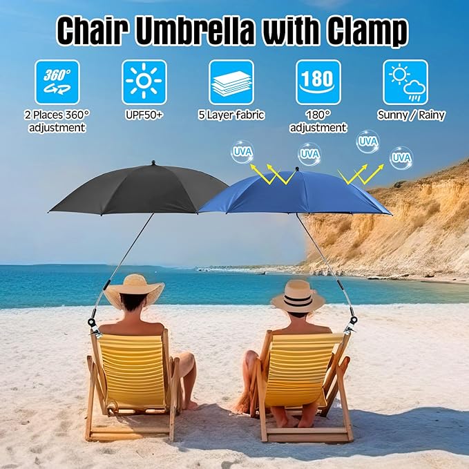Talltalk 2 Pcs Beach Umbrella with Universal Clamp Adjustable Beach Shade UV Protection Chair Portable Outdoor Umbrella for Camping Patio Chairs Golf Carts