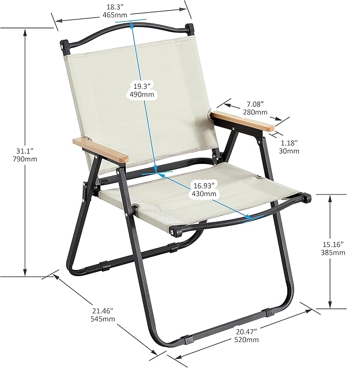 Portable Folding Camping Chairs Indoor Outdoor Use Beige with Wood Armrests Set of 2