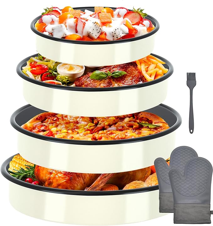 Enamel Round Roasting Pan Set Baking Dish 4-Pack 9/10/12/14 Inch High Temperature Resistance Bakeware for Pizza Chicken Oven Dishwasher Safe Valentine Mother's Day Gift for Wife &amp Mom Cake Pan