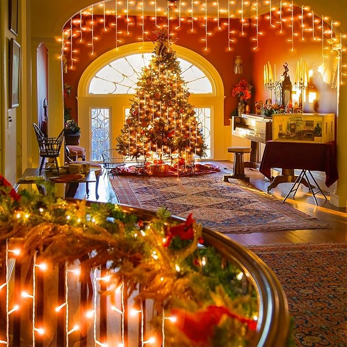 66ft Orange Halloween Lights Outdoor 640LED Icicle Lights for Outside Indoor Twinkle Christmas Light with Connectable Clear Wire 8 Modes Timer Waterproof for House Party Tree Holiday Yard Patio Decor