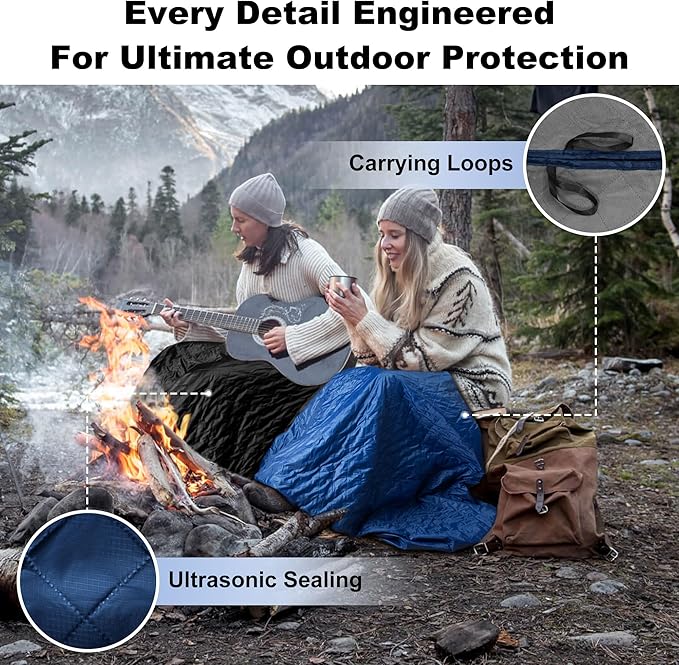 Waterproof Outdoor Blanket 92”X 60” Packable Stadium Blankets for Camping with Quilted Fleece Lining Large Windproof Emergency Throw Mat for Garss Picnic Hiking Road Trip Machine Washable Navy