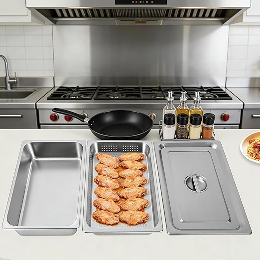 A Set of Full Size 4 in Steam Table Pan and 2.6in Perforated Pan with Lid Hotel Pan Food Warmer Pan Buffet Tray Servers Pans for Catering Kitchen Restaurant Supplies