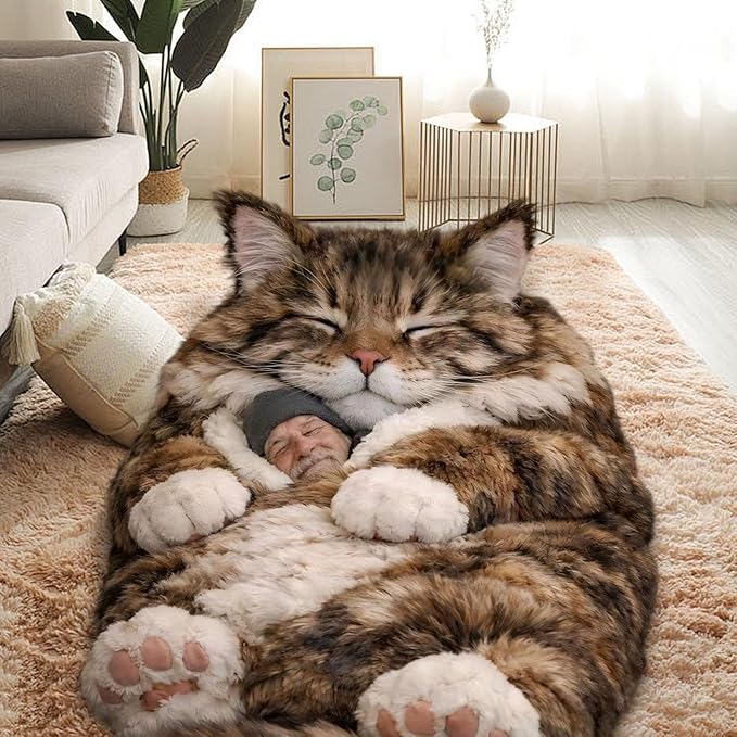 Fluffy Cat Sleeping Bag for Adults Plush Cat Shaped Sleeping Bag for Adults Adorable Cats Envelope Sleeping Bags Washable Warm Blanket for Camping and Home Lounging 68.9x31.5 Inch