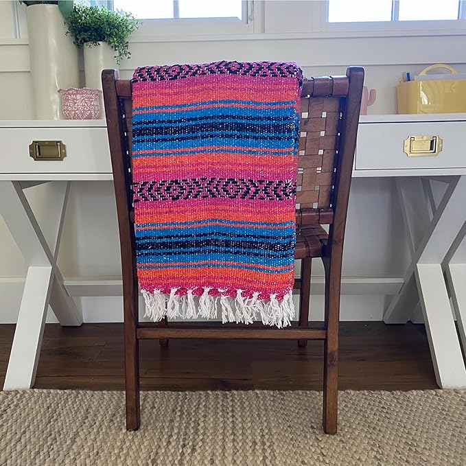 Del Mex Classic Mexican Blanket Large Authentic Woven Falsa Throw (70x50) Artisan Southwest Décor for Beach Yoga Outdoors (Turquoise/Pink/Orange)