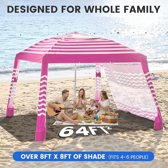 Zeraty Beach Cabana 8'×8' Portable Beach Canopy with Side Wall Easy Pop Up UPF 50+ Silver-Coated Beach Tent Sun Shelter Wind Resistant Adjustable Height Beach Umbrella Tent for Family Pink